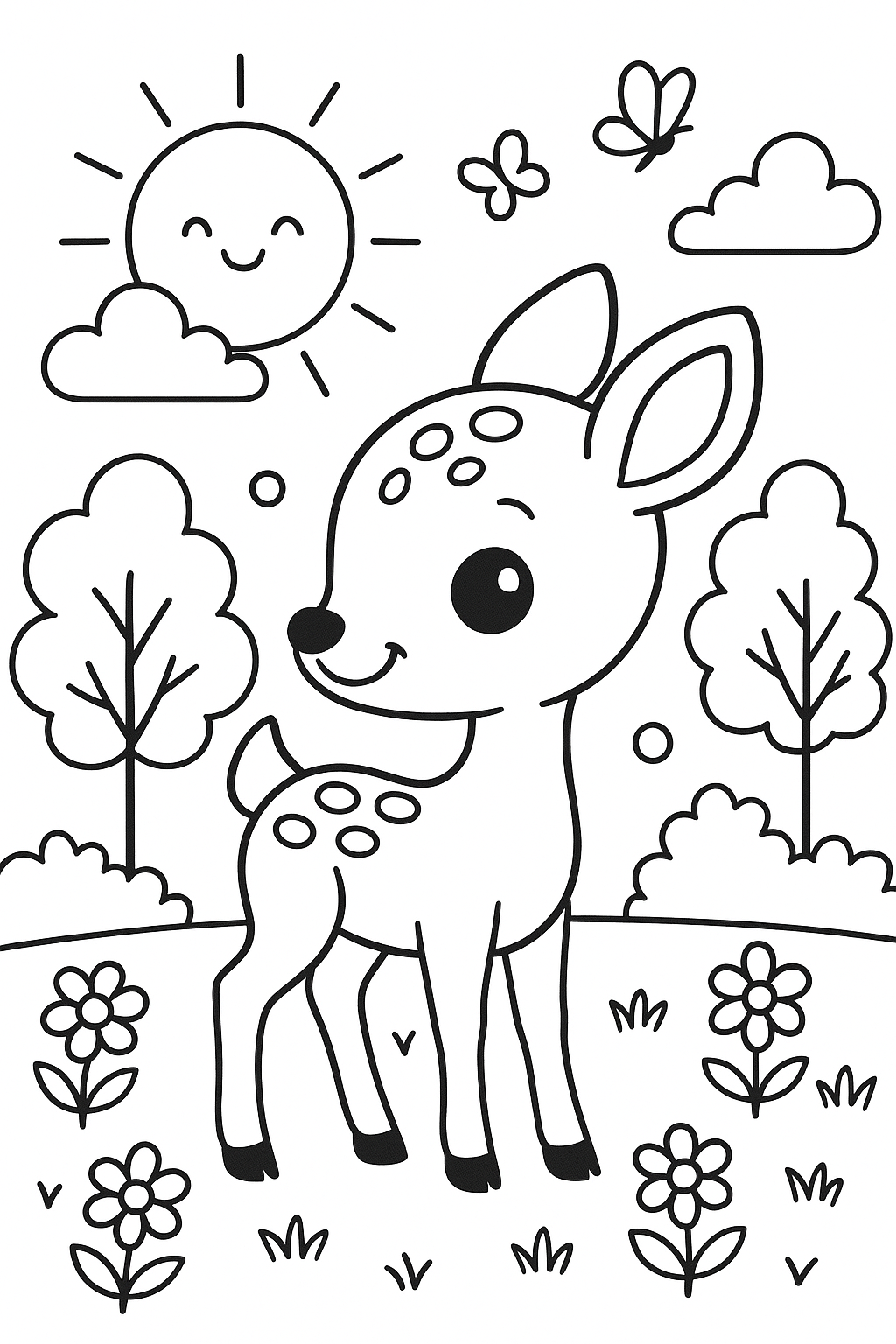 Cute deer in a sunny landscape coloring page