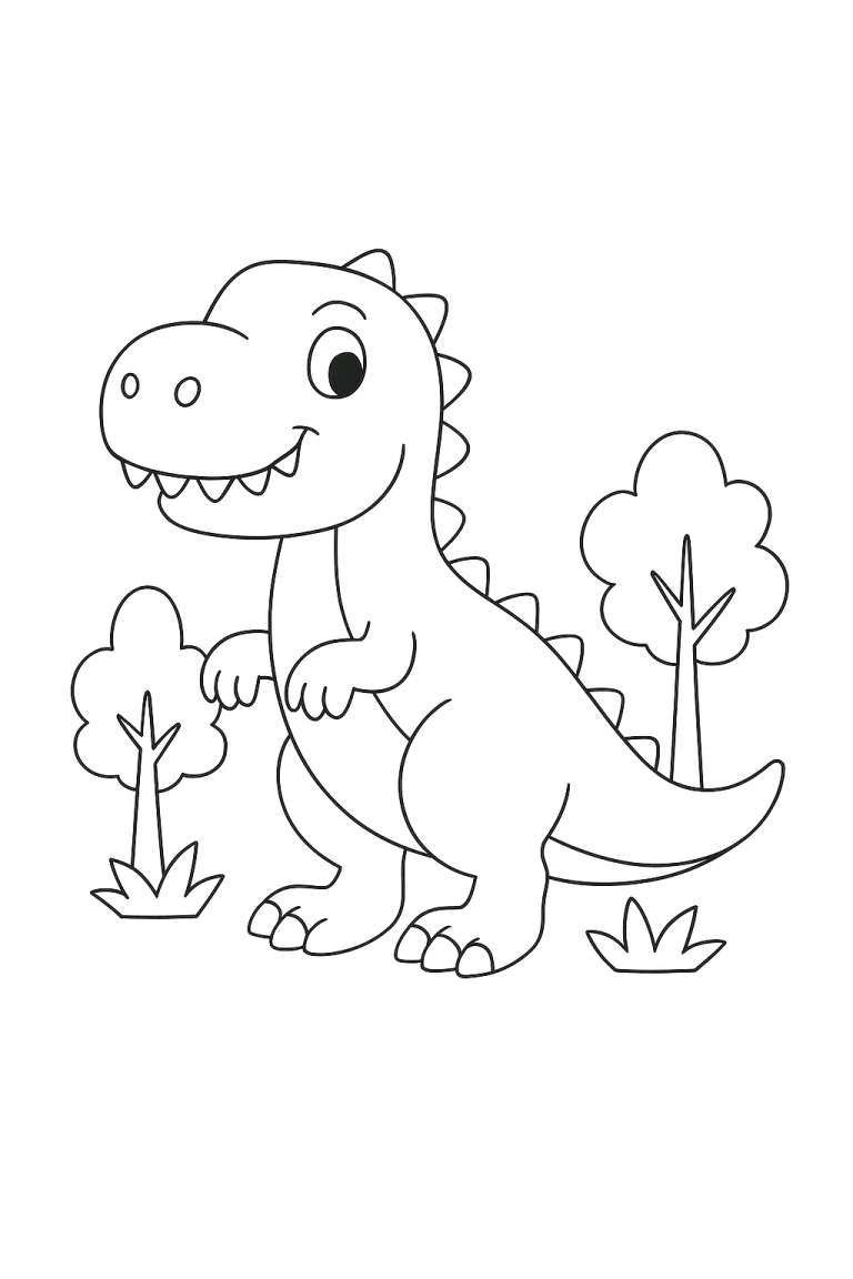 A cute dinosaur standing among trees, ready for coloring.