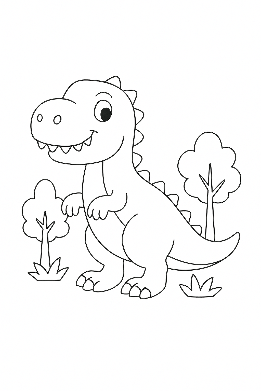 A cute dinosaur standing among trees, ready for coloring.