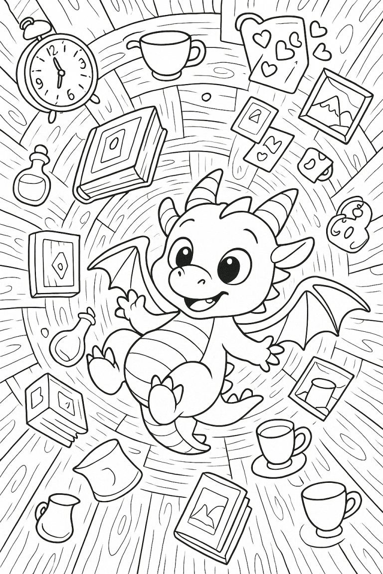Cute dragon surrounded by magical items for coloring.