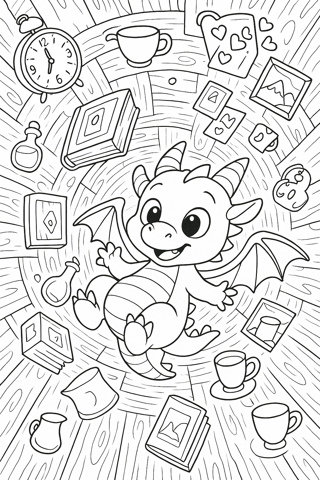 Cute dragon surrounded by magical items for coloring.