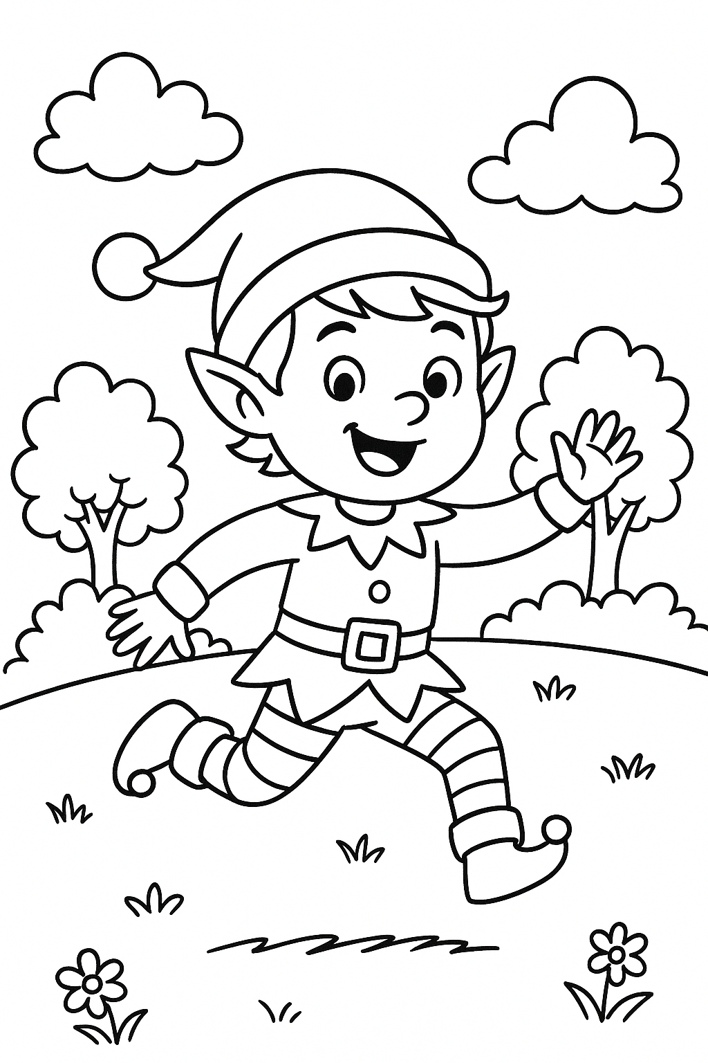 Cute elf running in a field coloring page