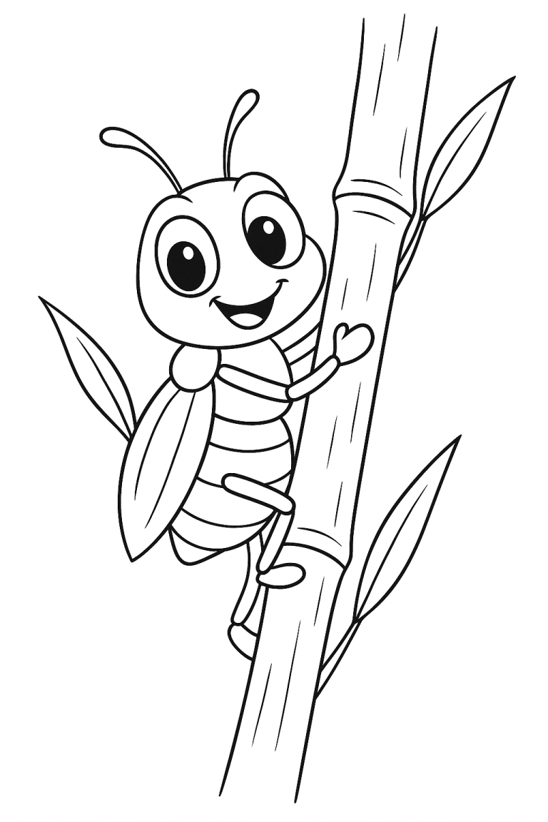 Smiling insect climbing a bamboo stick