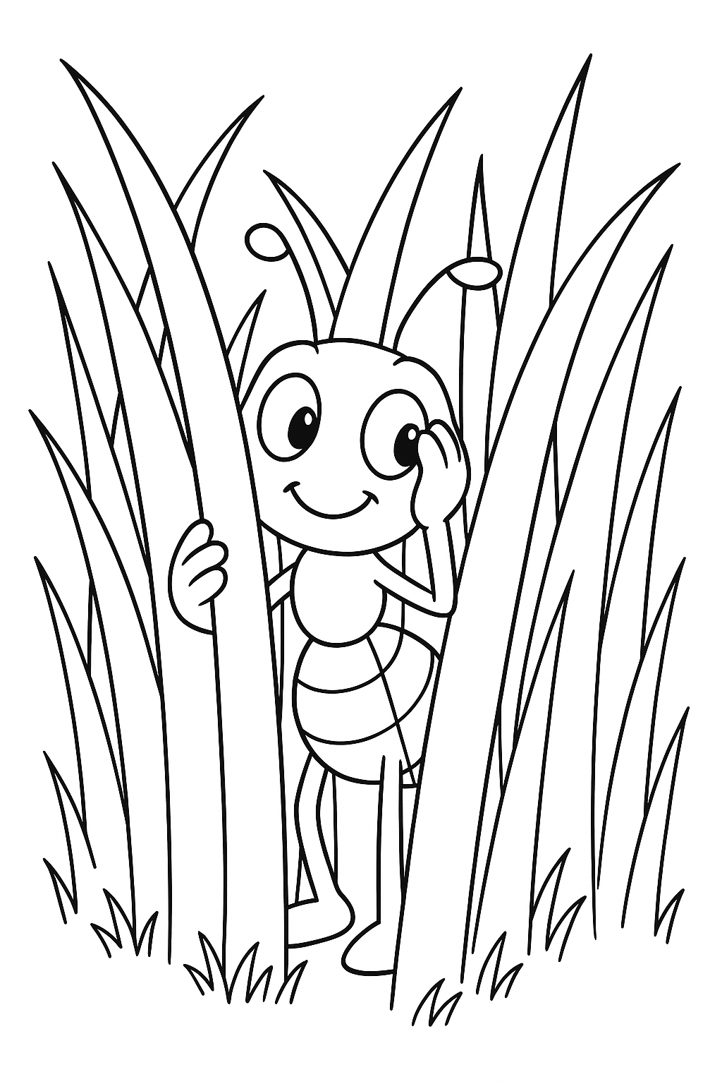 Cute insect hiding behind grass coloring page
