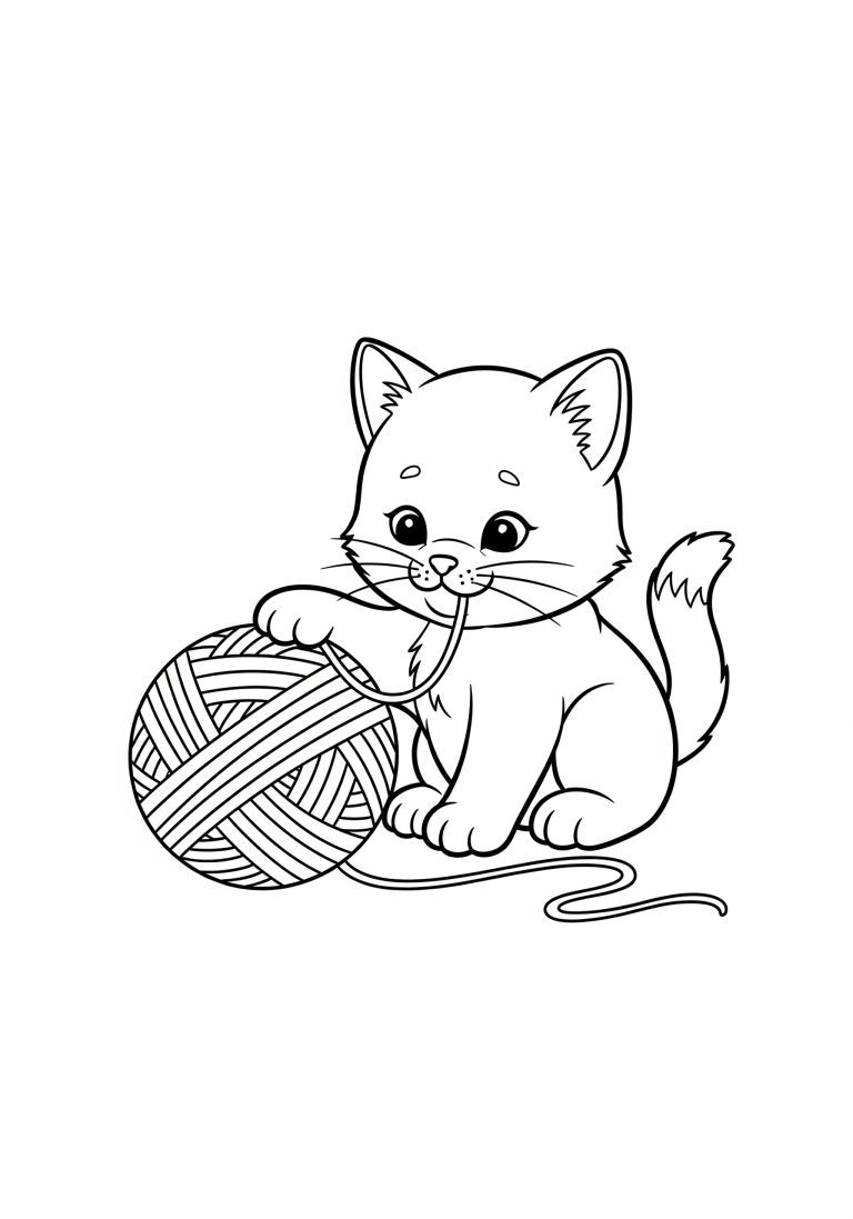 Cute kitten playing with yarn coloring page