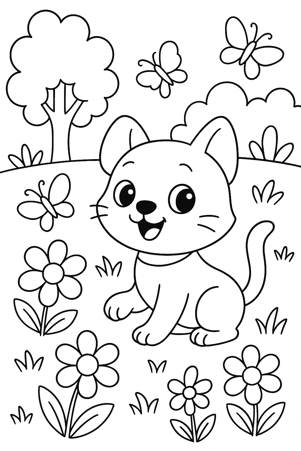 Cute kitten with butterflies and flowers coloring page
