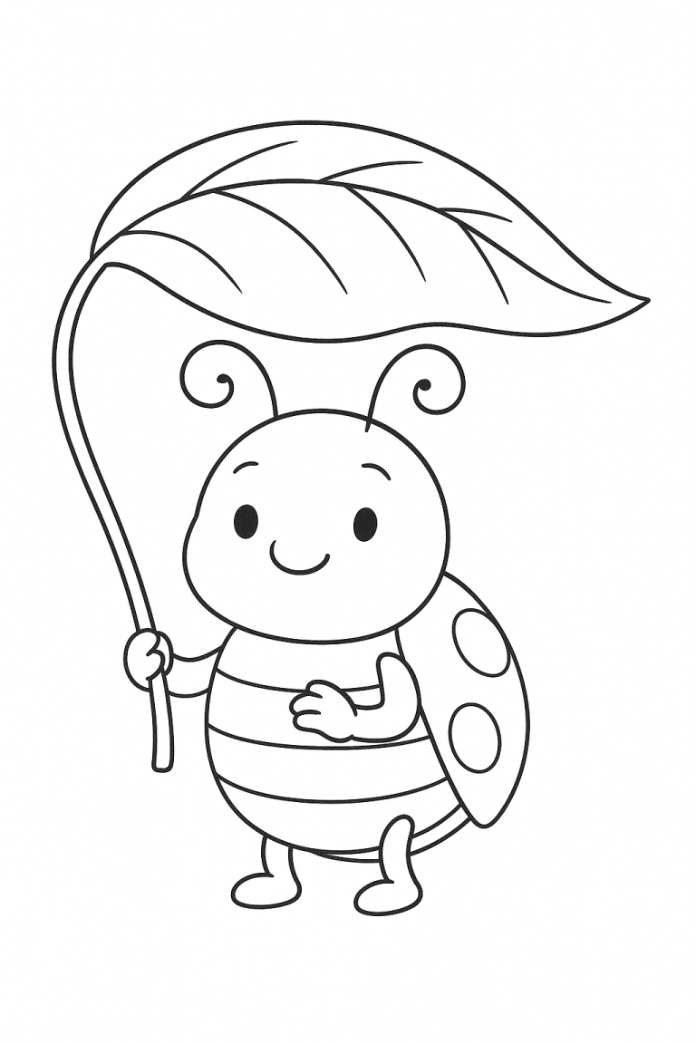 Cute ladybug holding a leaf coloring page