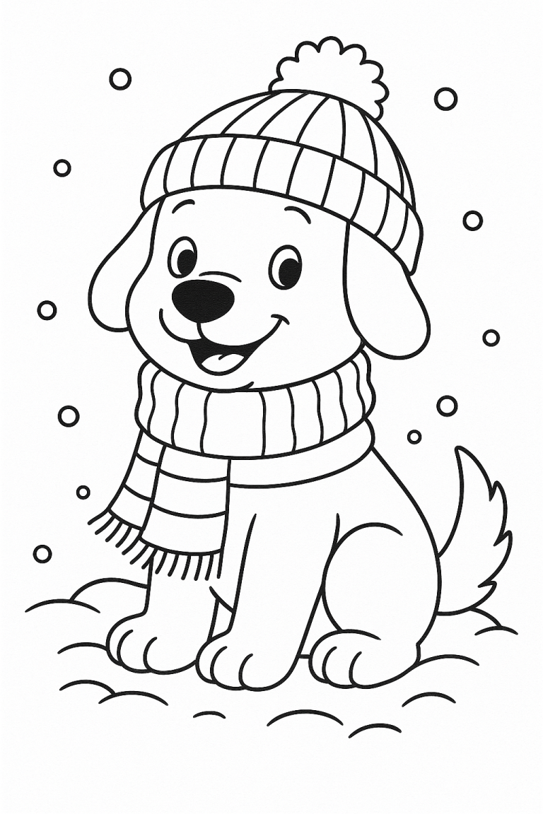 Cute puppy in winter hat and scarf in the snow