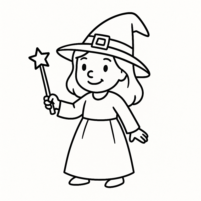 Cute little witch with a magic wand coloring page.