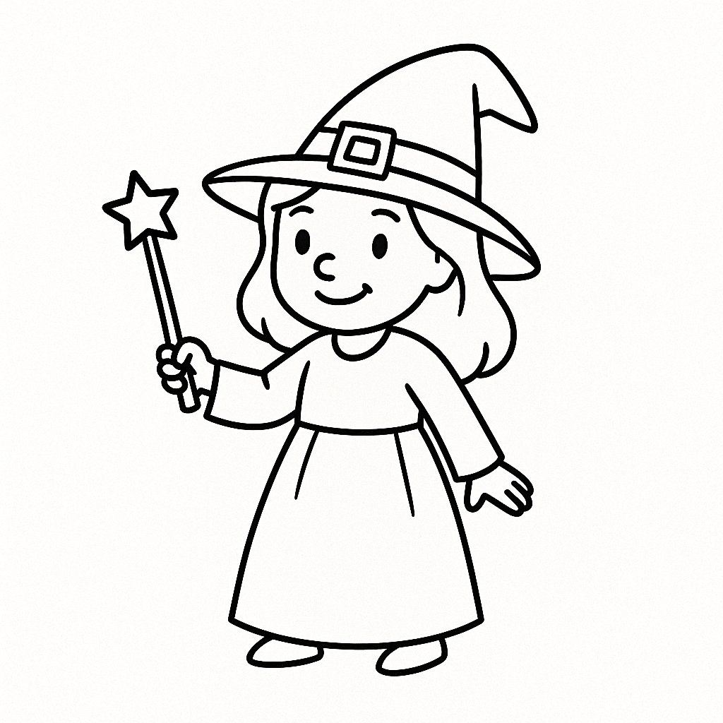 Cute little witch with a magic wand coloring page.