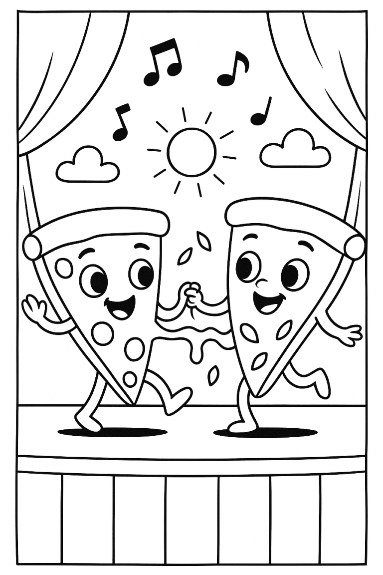 Two cartoon pizza slices dancing with musical notes and a sun