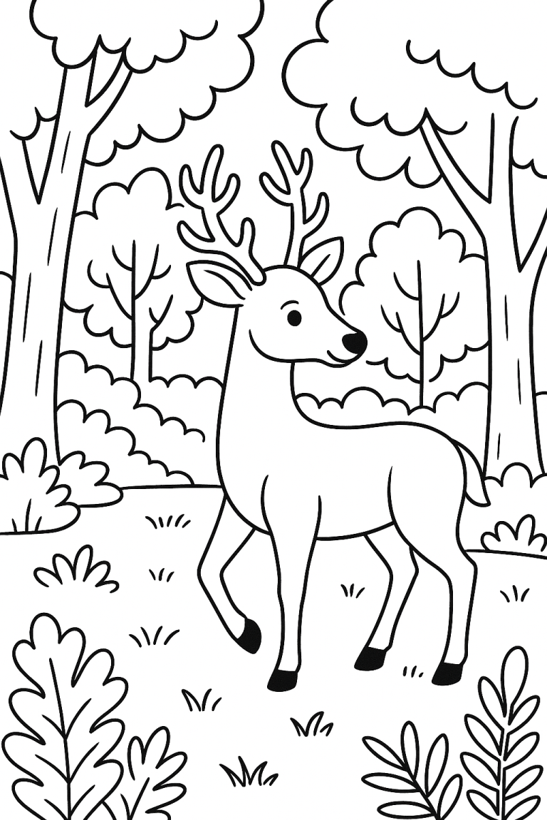 Deer in a forest coloring page for children