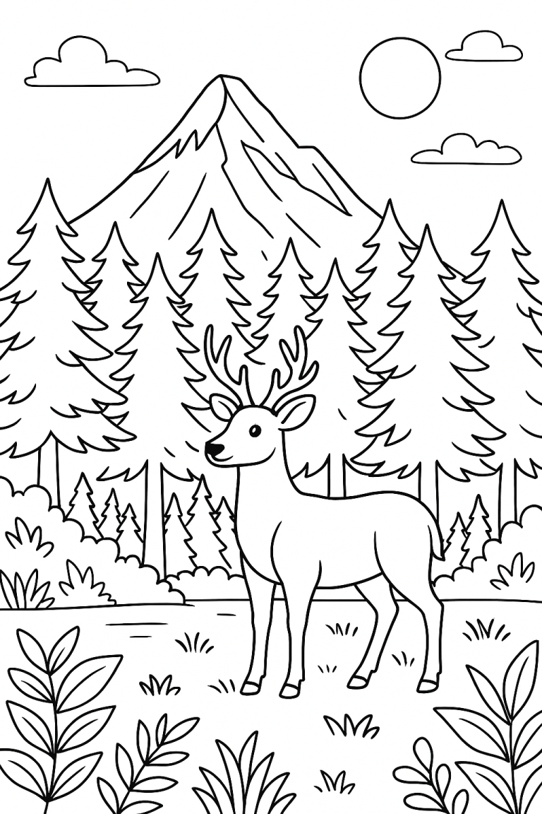 Deer standing in a forest with mountains and trees.