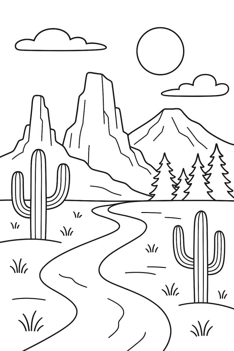 Desert landscape coloring page with cacti and mountains.