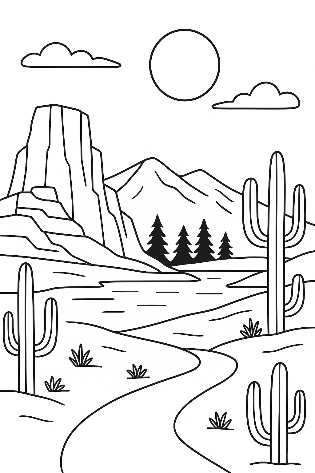 Desert landscape coloring page with cacti and mountains