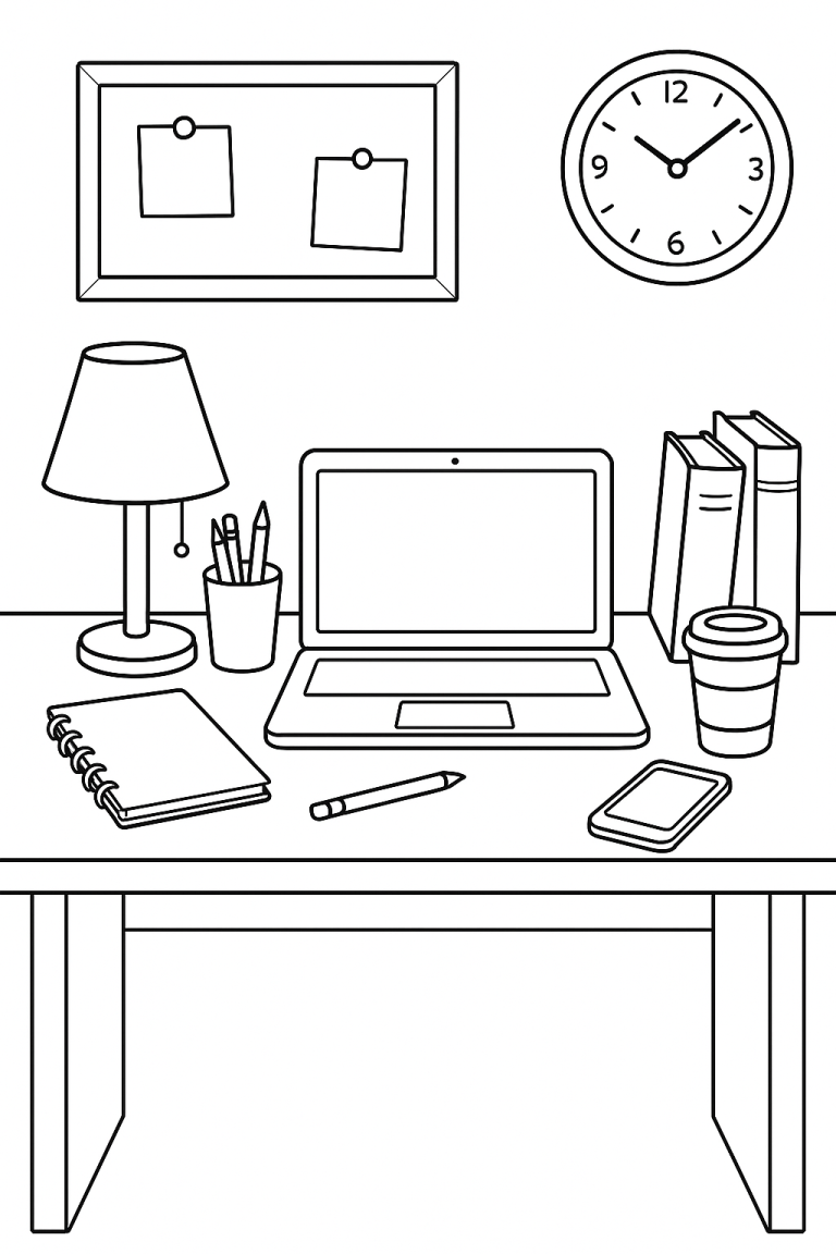 A desk with a lamp, laptop, books, and stationery for coloring