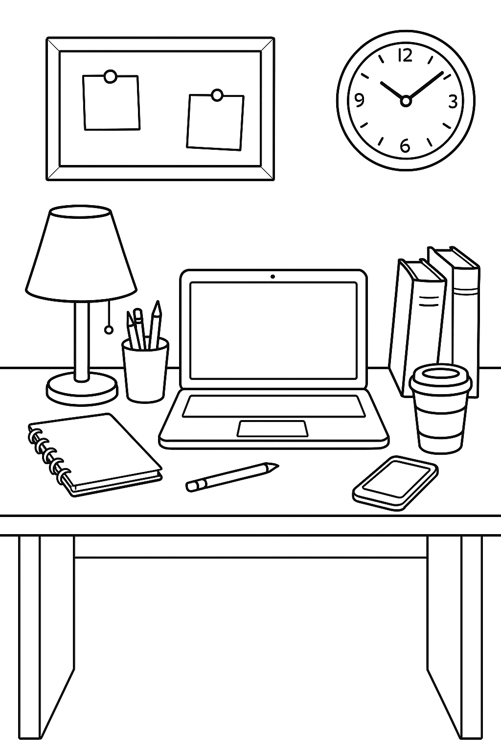 A desk with a lamp, laptop, books, and stationery for coloring
