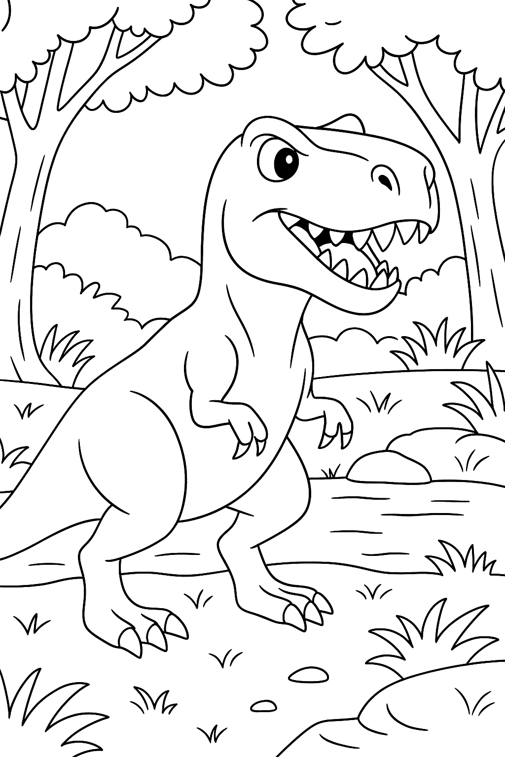 Coloring page of a dinosaur in a jungle