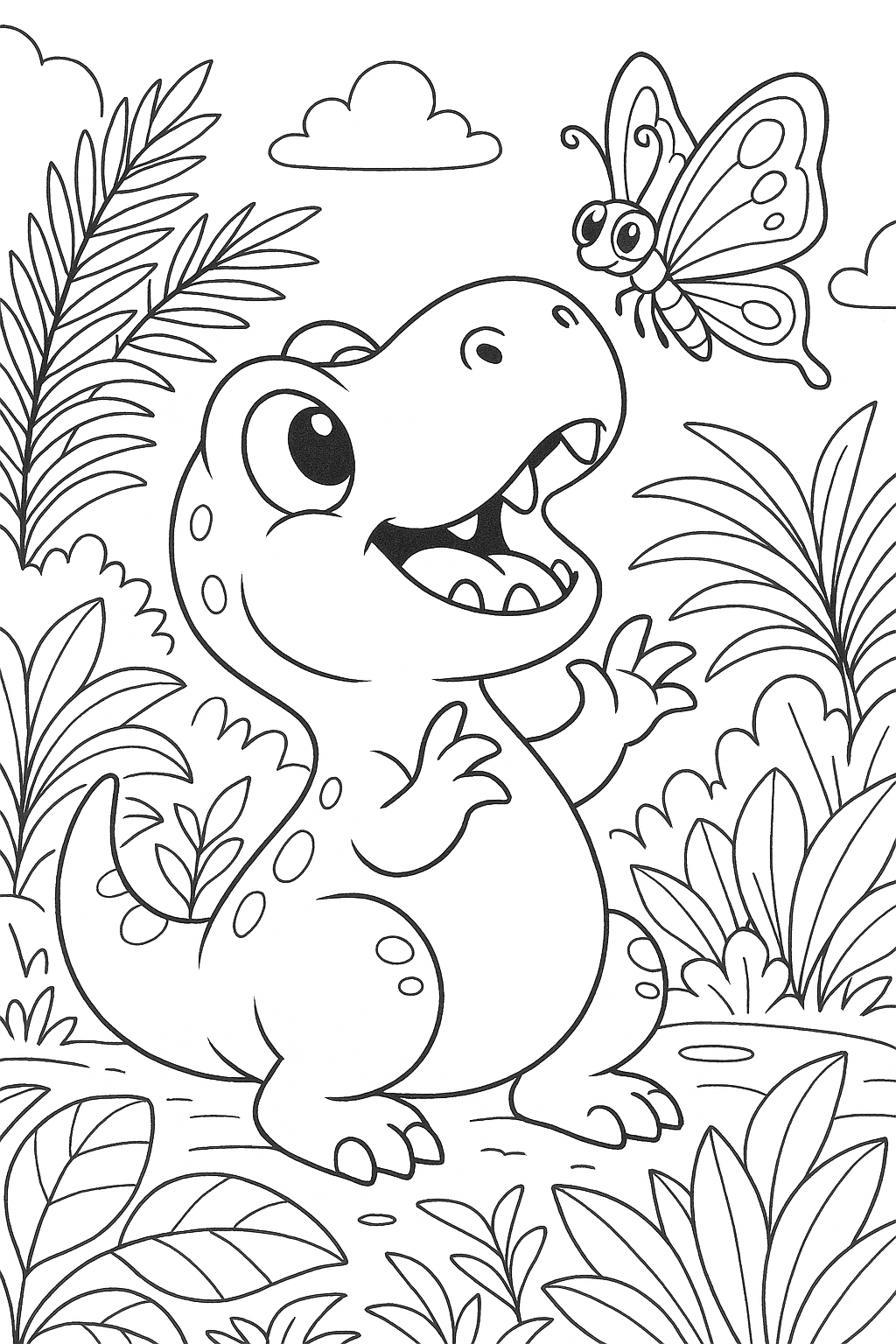 Cute dinosaur with butterfly coloring page
