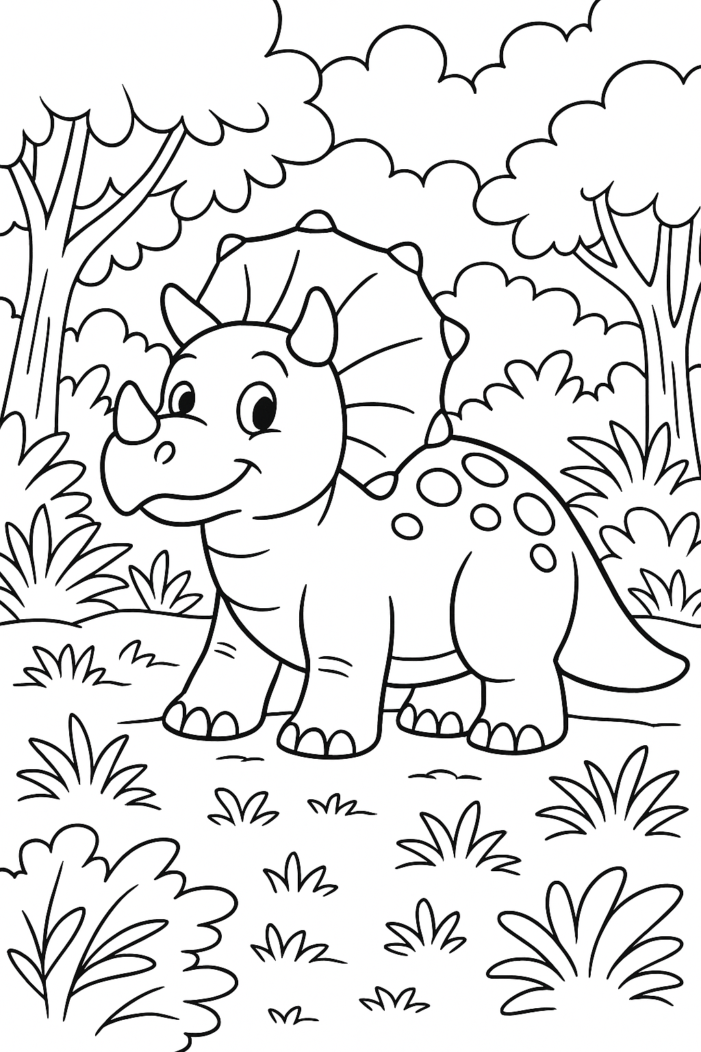 Friendly dinosaur in a landscape coloring page