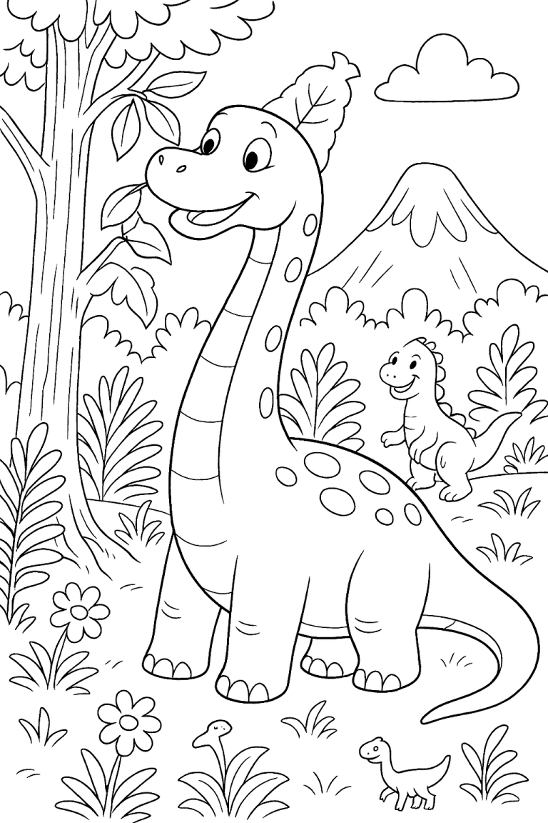 Dinosaur coloring page with happy dinosaurs and plants