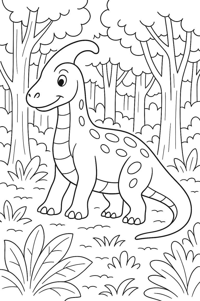 Dinosaur in a forest coloring page