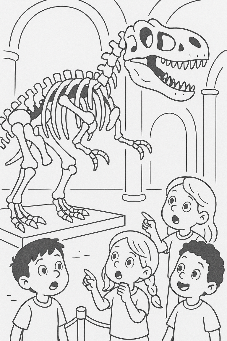 Children observing a dinosaur skeleton in a museum coloring page