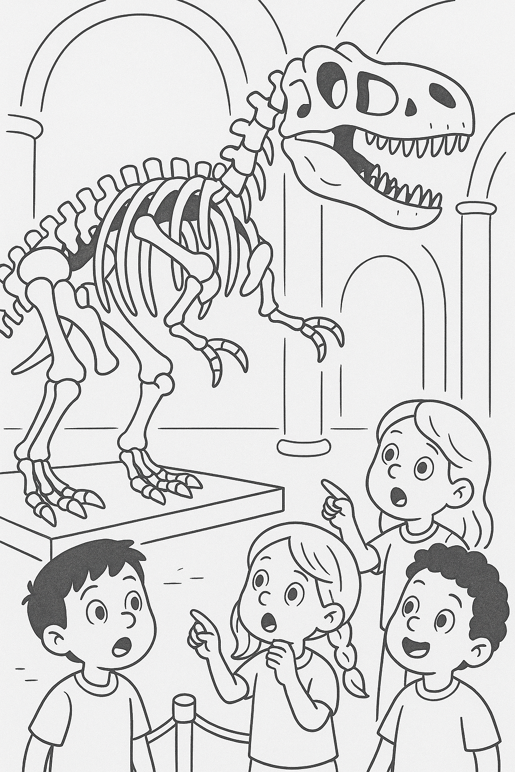 Children observing a dinosaur skeleton in a museum coloring page