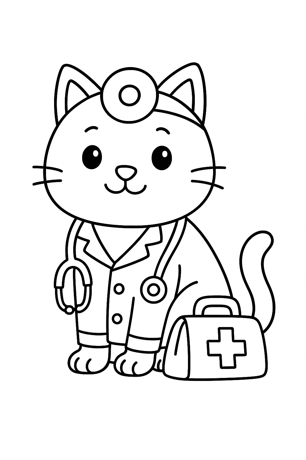 Cartoon cat dressed as a doctor with medical tools.