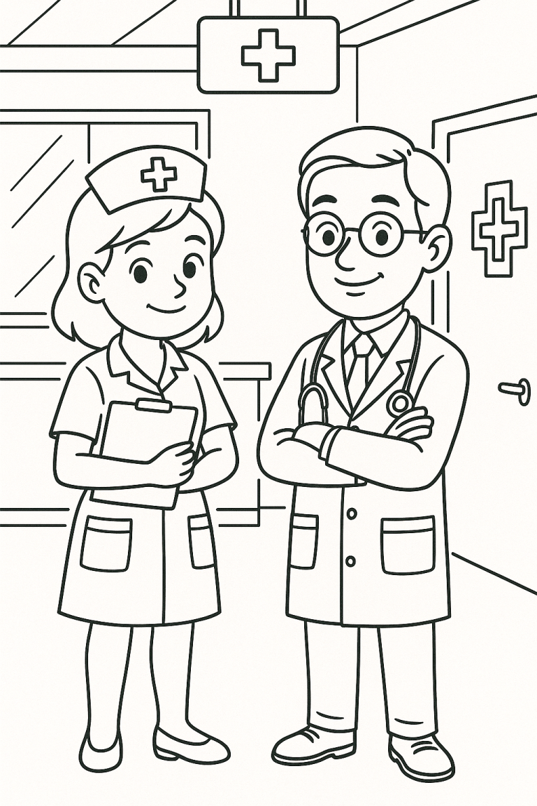 Doctor and nurse coloring page scene