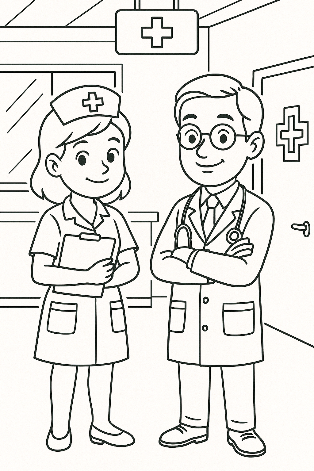 Doctor and nurse coloring page scene
