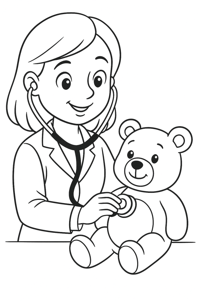Child doctor examining teddy bear coloring page