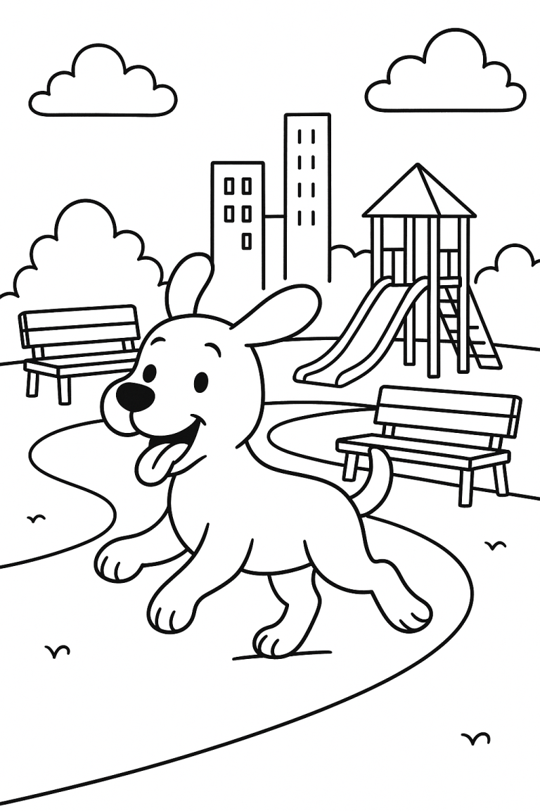 Coloring page of a dog happily running in a park.