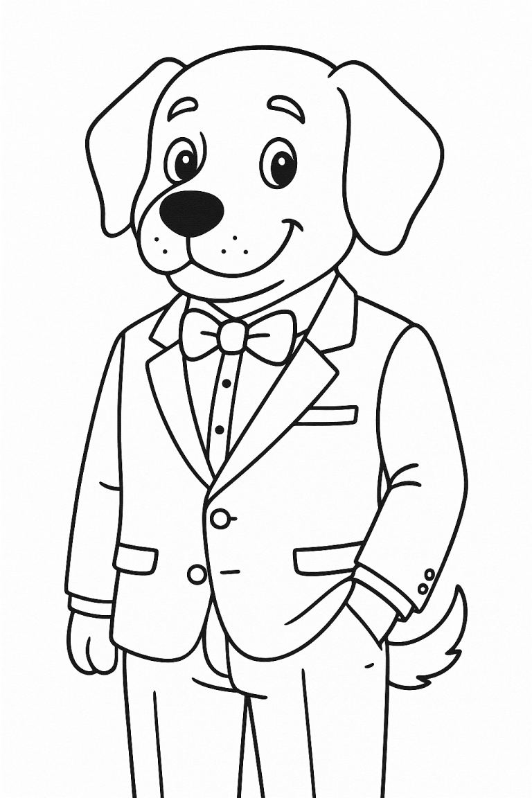 Coloring page of a cute dog wearing a suit