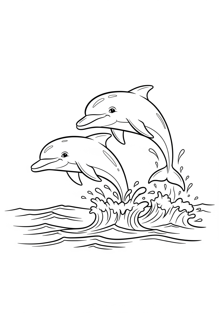 Two dolphins jumping over waves coloring page