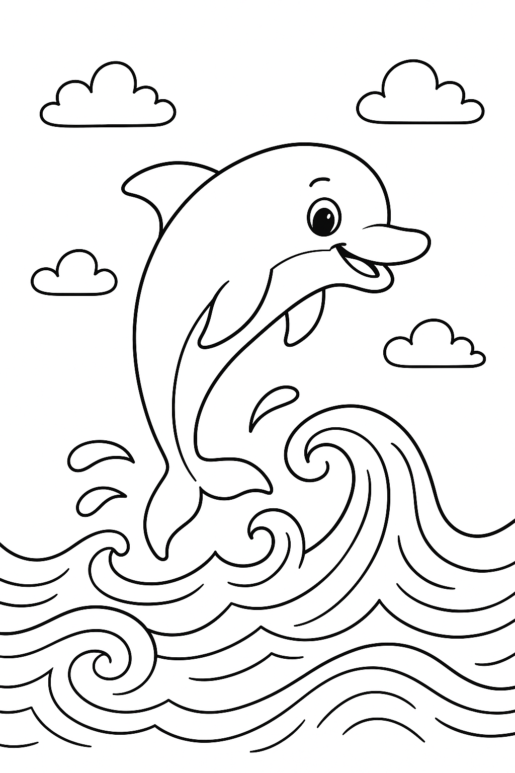 A dolphin jumping over waves on a coloring page