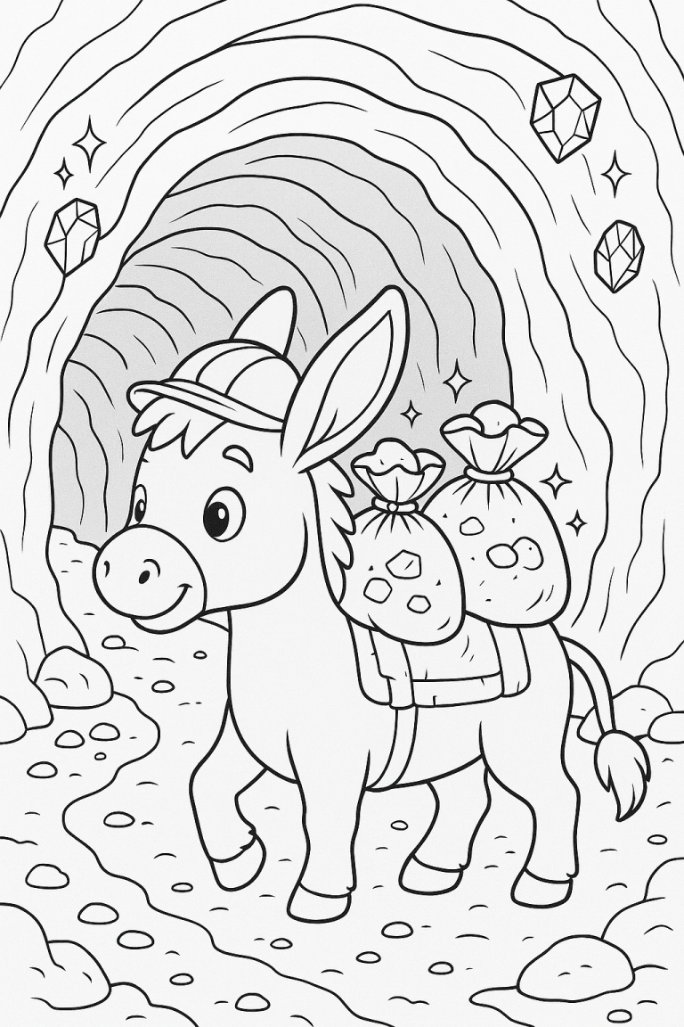 Donkey carrying sacks through a cave filled with crystals