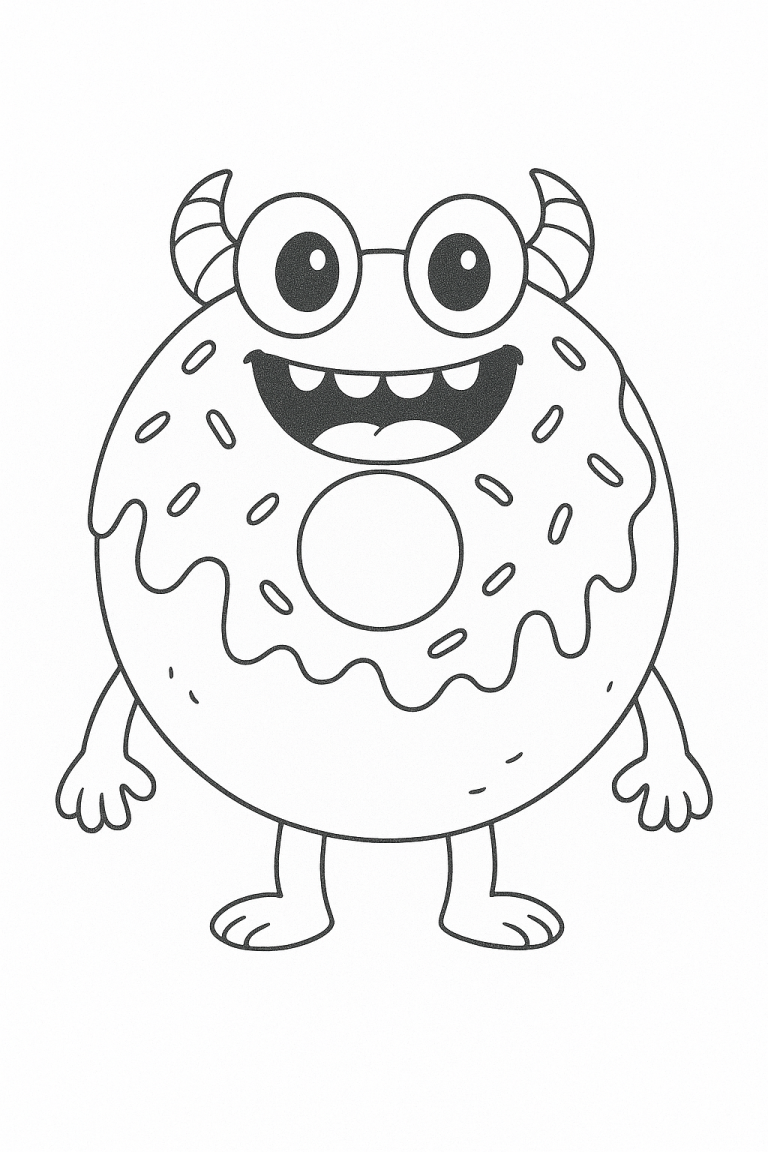 Donut-shaped monster with horns and sprinkles to color