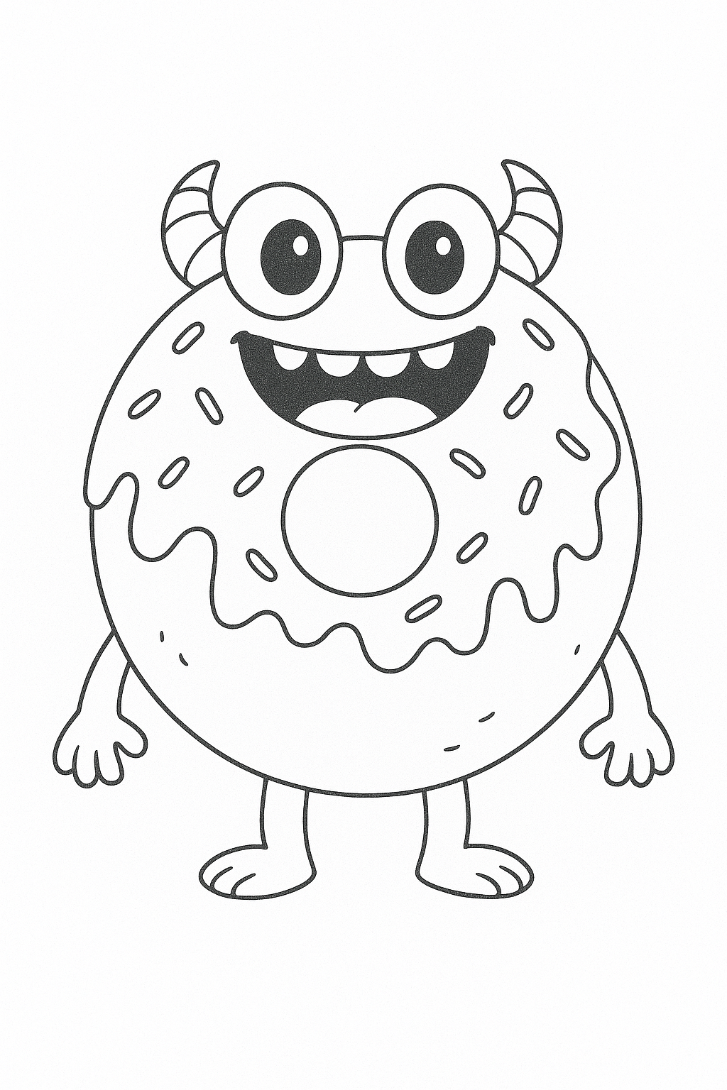 Donut-shaped monster with horns and sprinkles to color