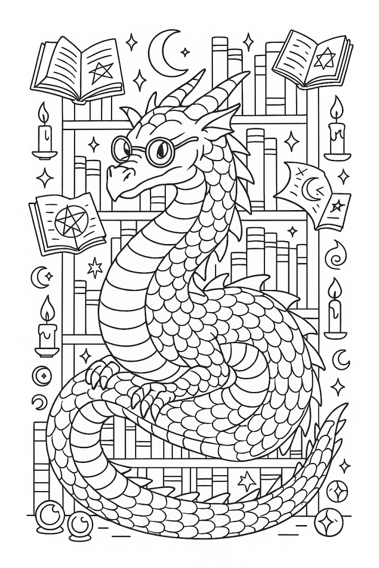 Dragon with books and magical symbols coloring page