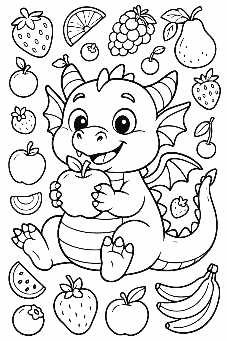 Smiling dragon holding fruit surrounded by various fruits