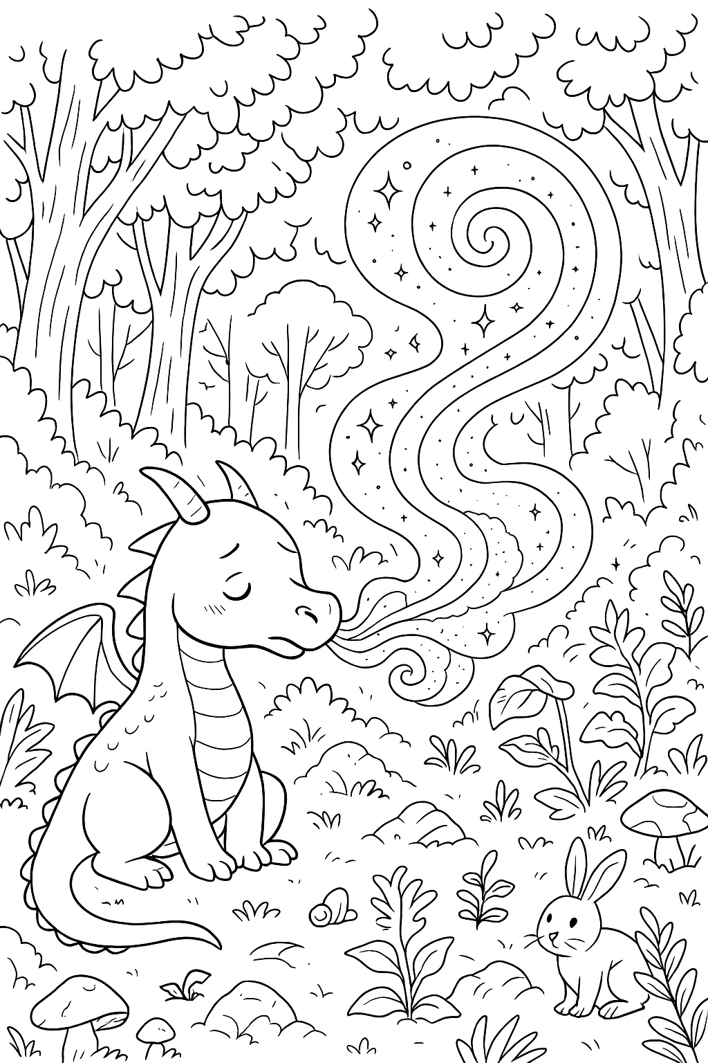 Dragon in a forest with a rabbit for coloring.