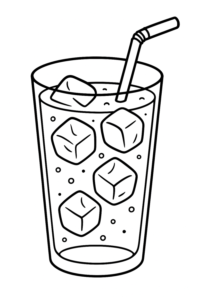 Coloring page of a drink with ice and straw