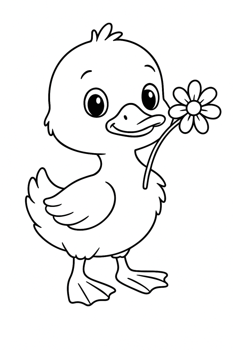 Duckling holding a flower coloring page