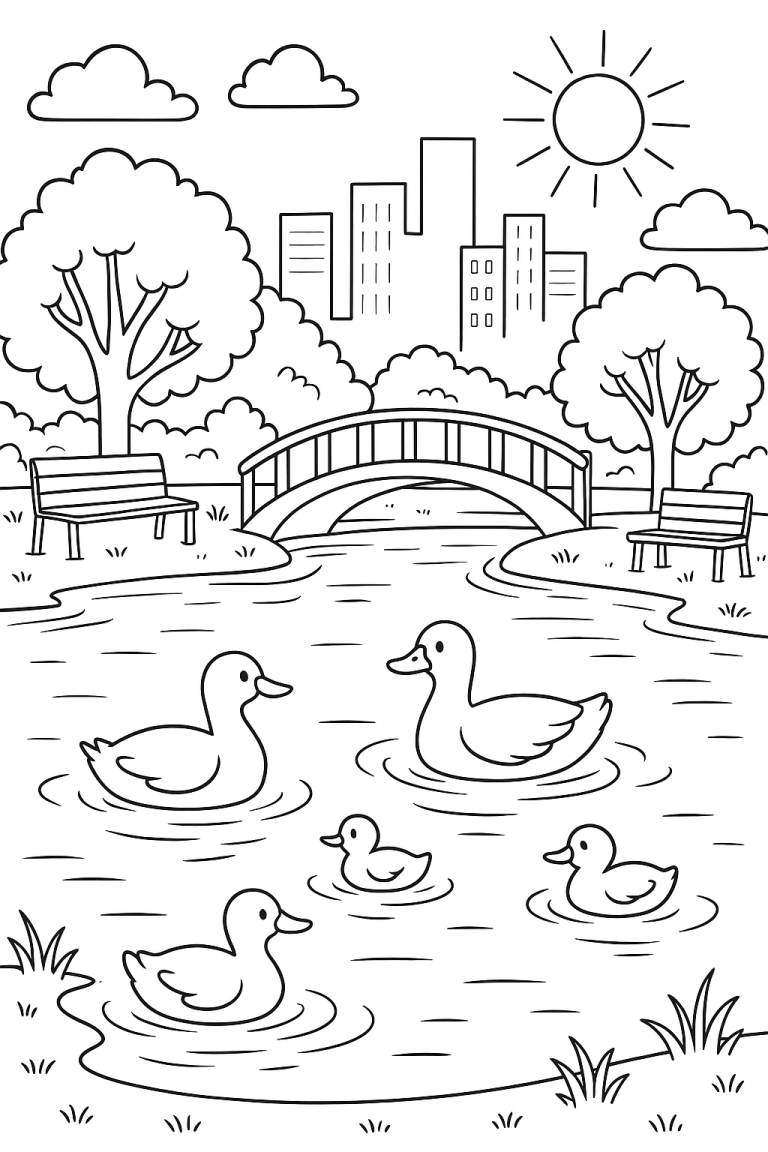 Ducks swimming in a pond with trees and bridge background