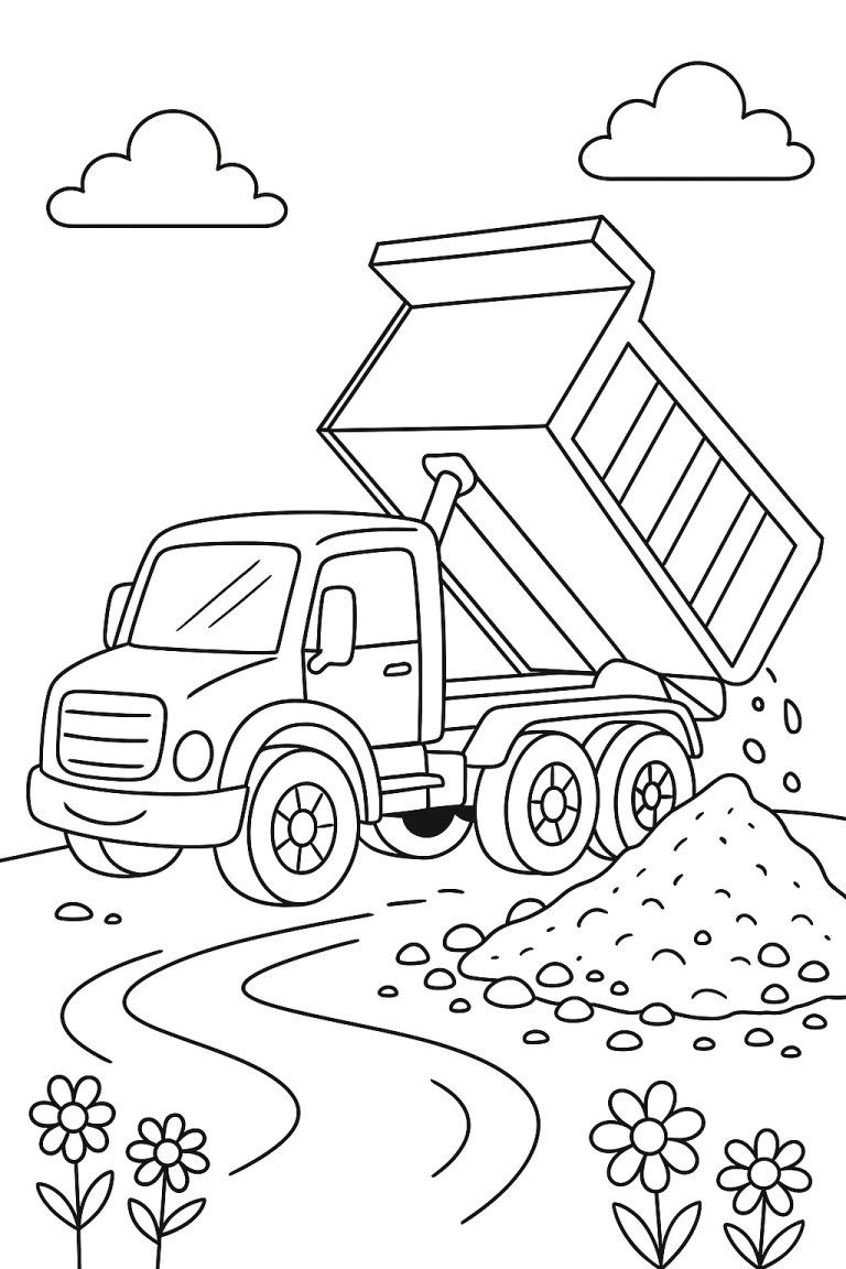 Dump truck coloring page with a pile of dirt