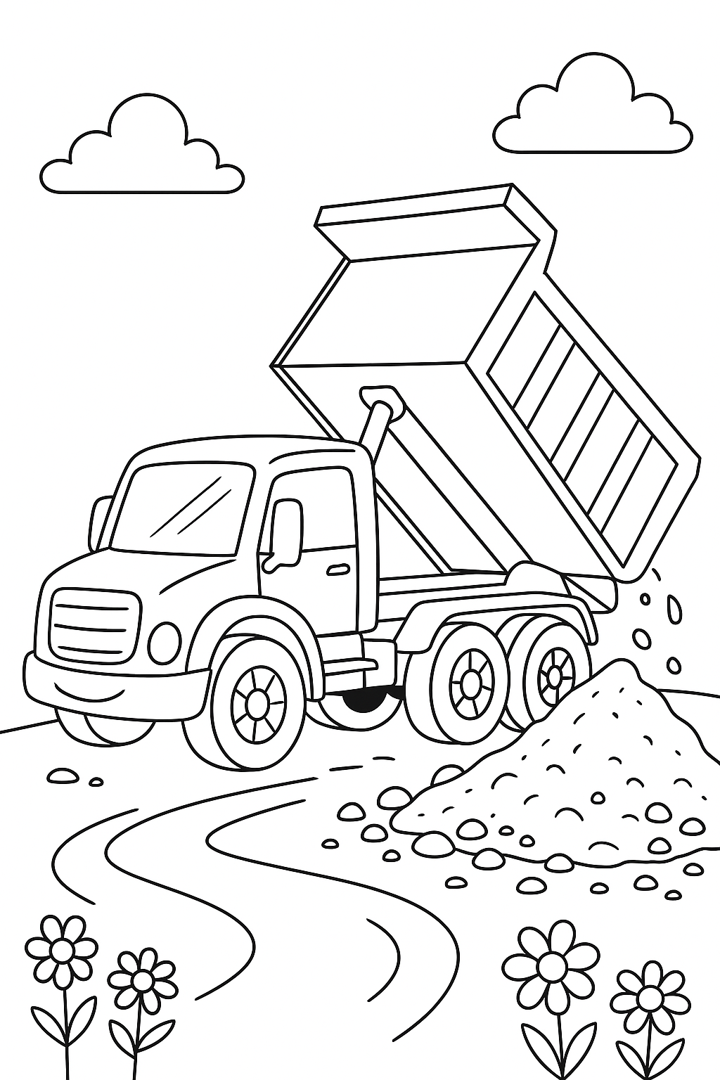 Dump truck coloring page with a pile of dirt