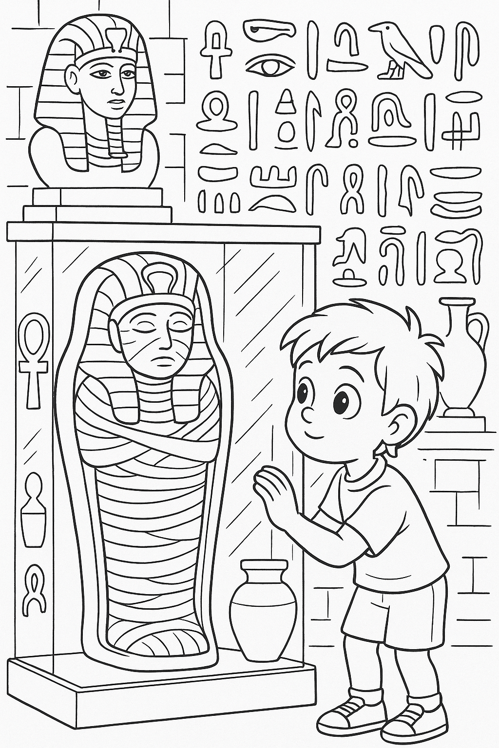 Child exploring Egyptian museum coloring page
