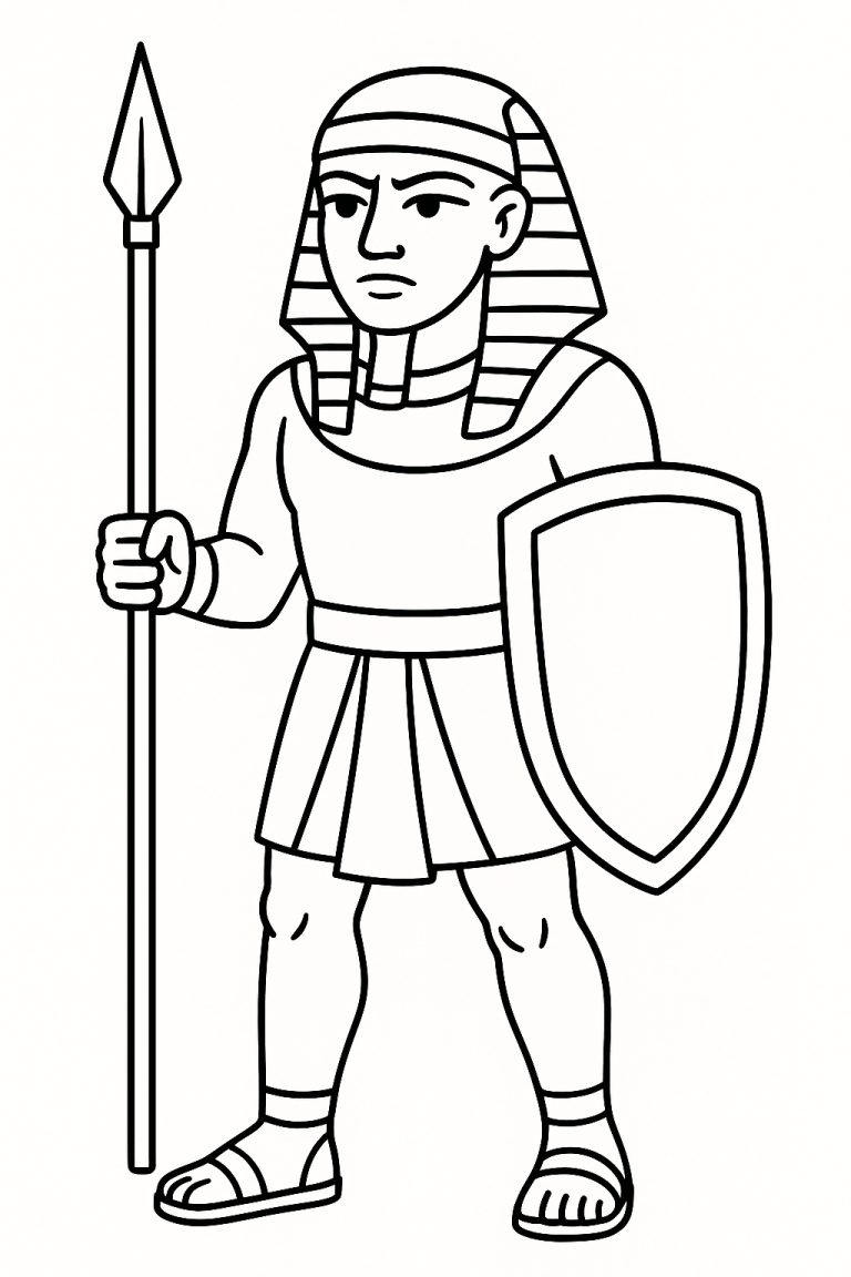 A coloring page of an Egyptian warrior holding a spear and shield.