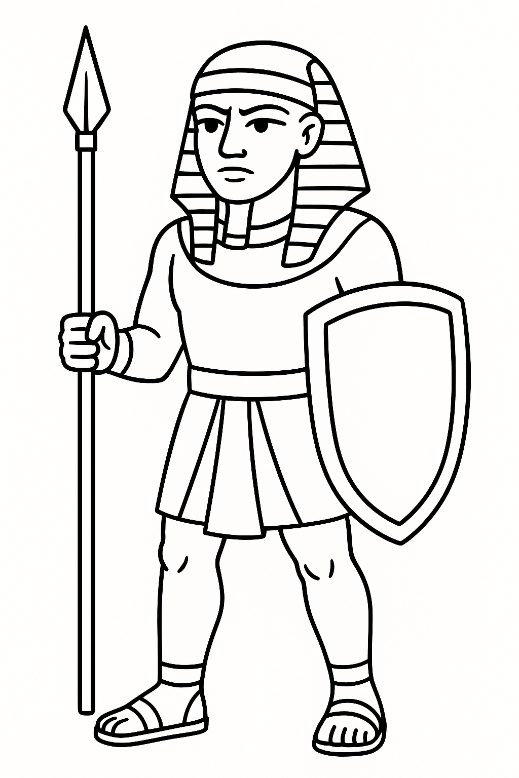 A coloring page of an Egyptian warrior holding a spear and shield.